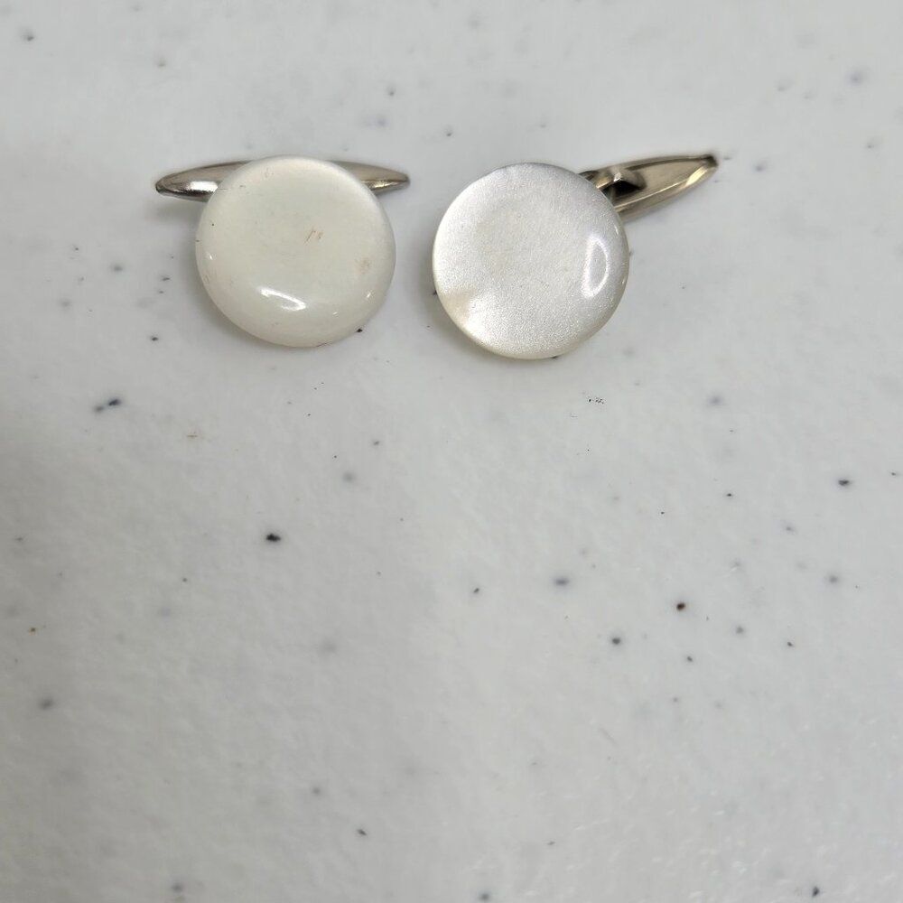 Vintage Mens Cufflinks Large Round Button Style Smooth Plastic Silver Tone White